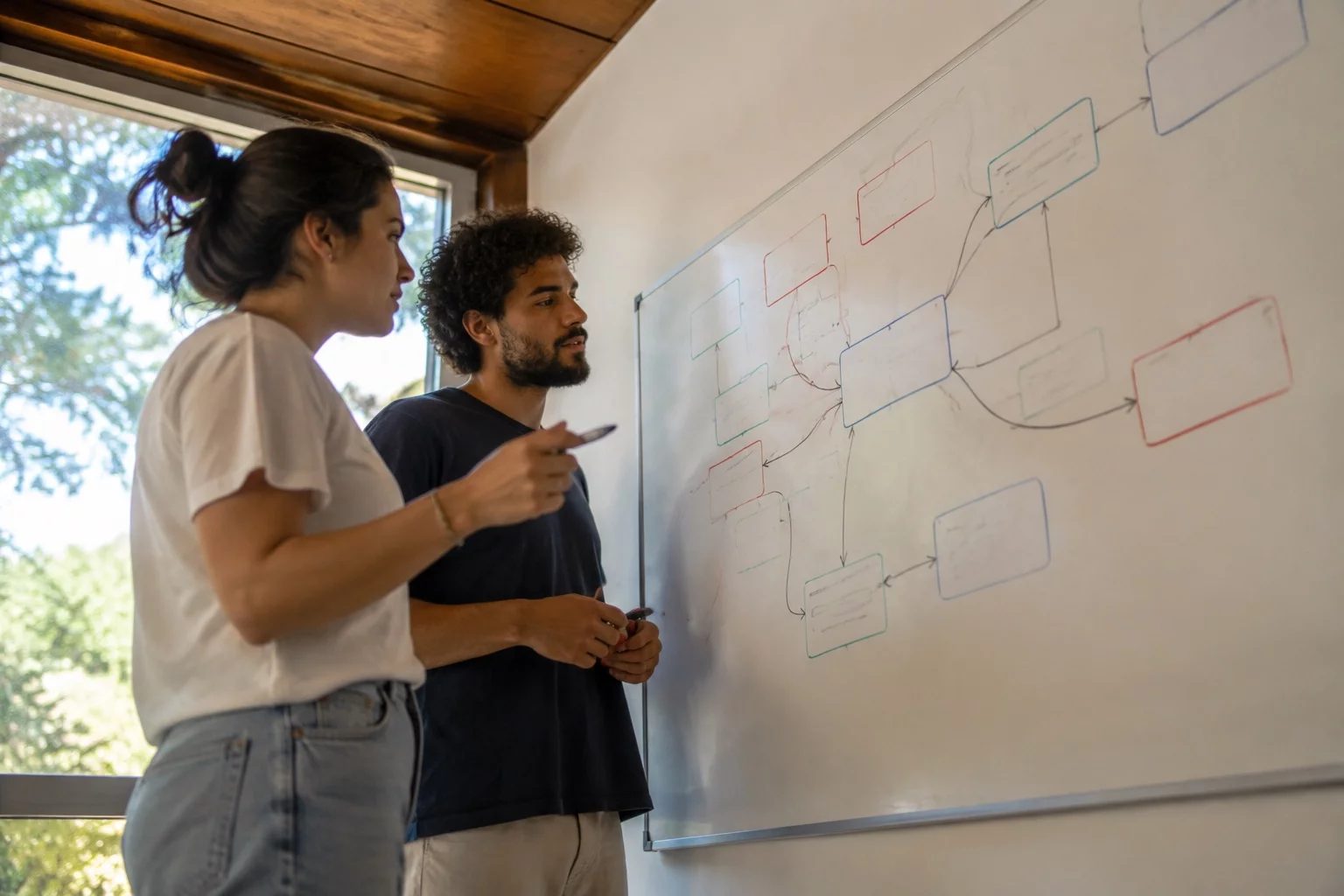 Duas pessoas diante de um quadro branco com um mapa de argumento desenhado à mão