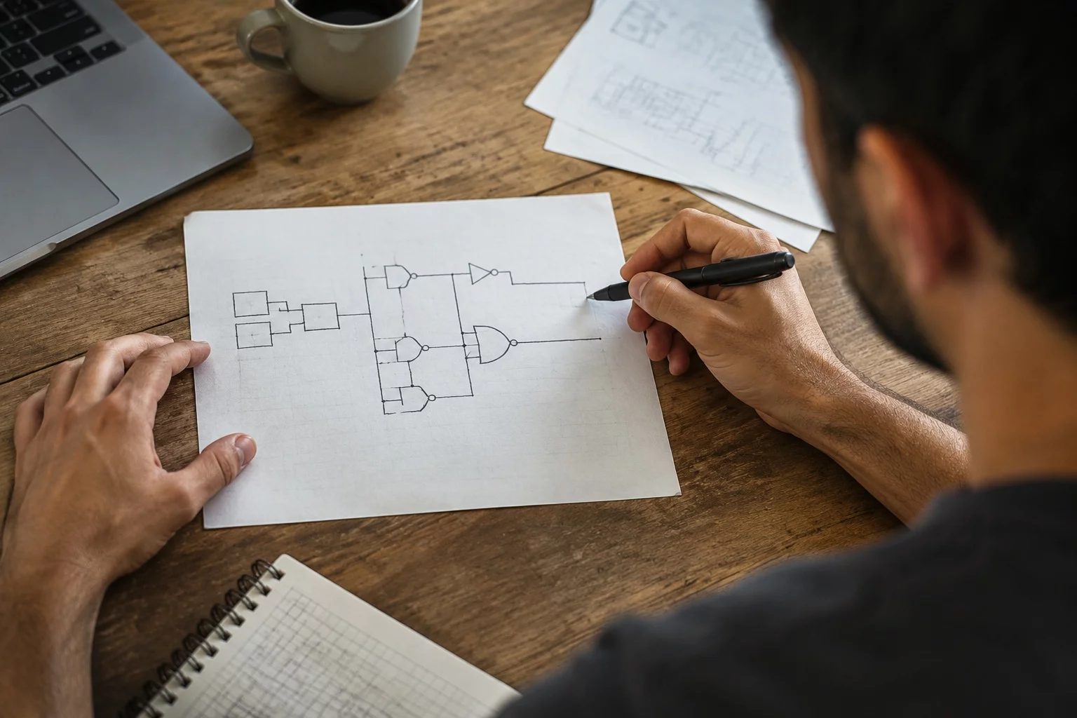 Vista de cima de uma mesa com um diagrama de lógica desenhado à mão