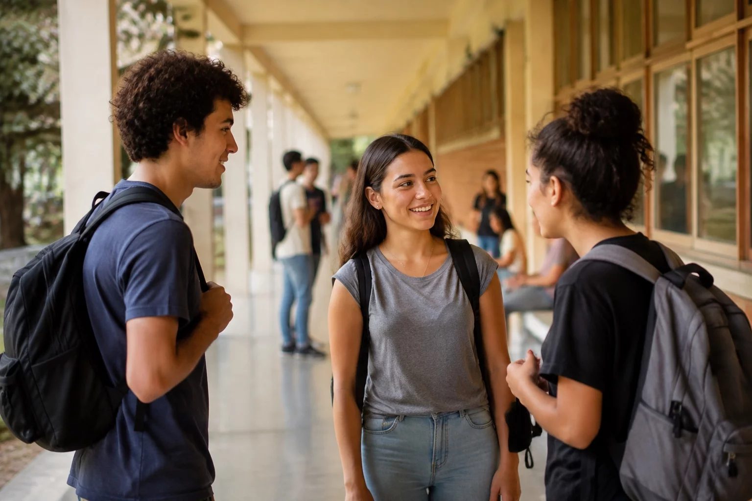 Estudantes com mochilas conversando no corredor de uma universidade