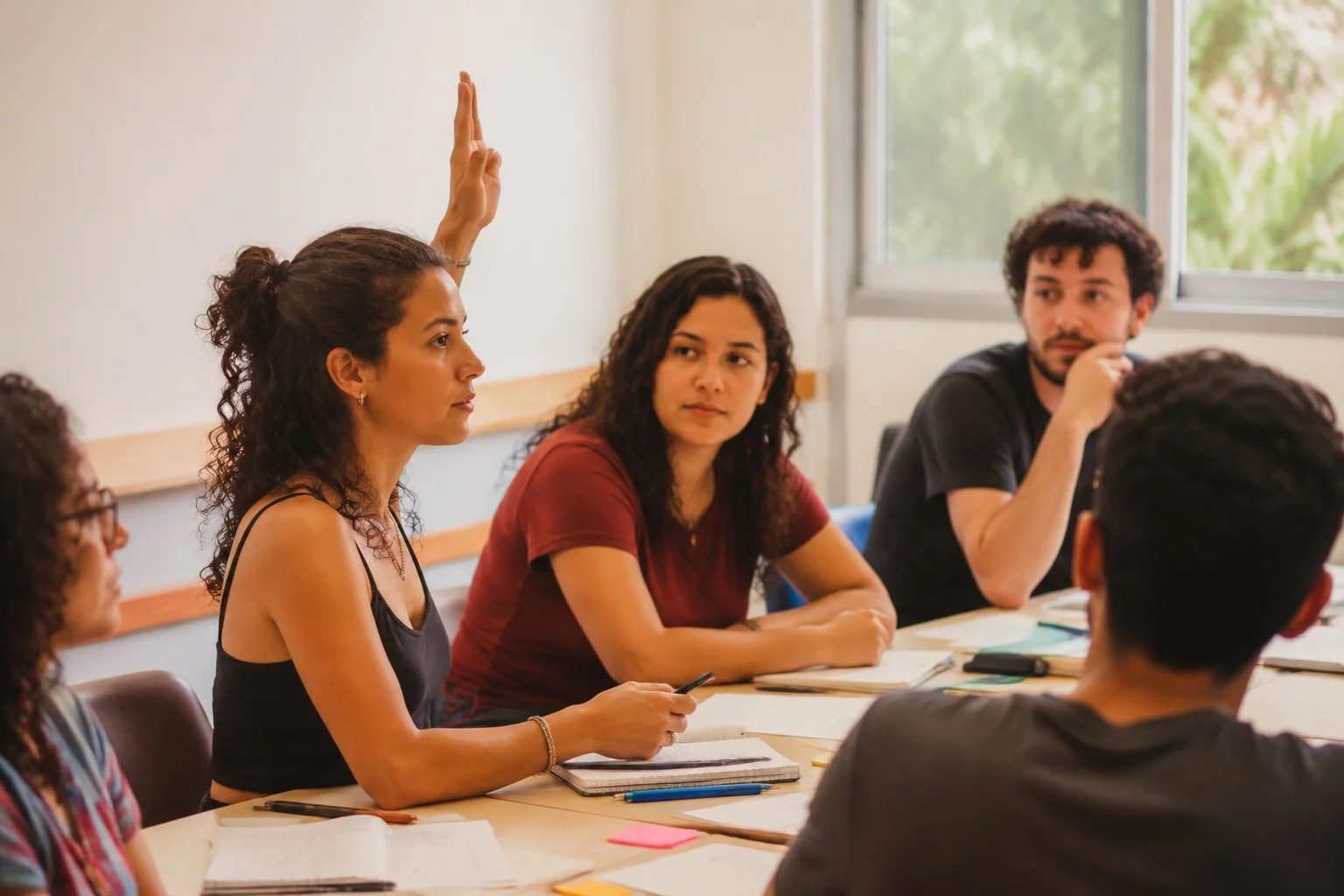 Estudante levantando a mão em uma mesa de seminário coberta de anotações