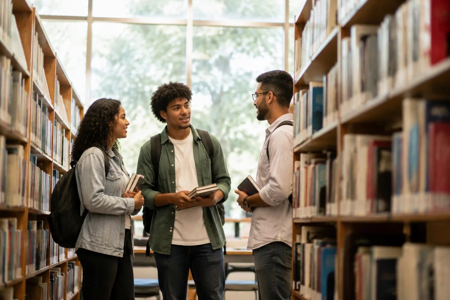Estudantes conversando em pé entre as estantes de uma biblioteca