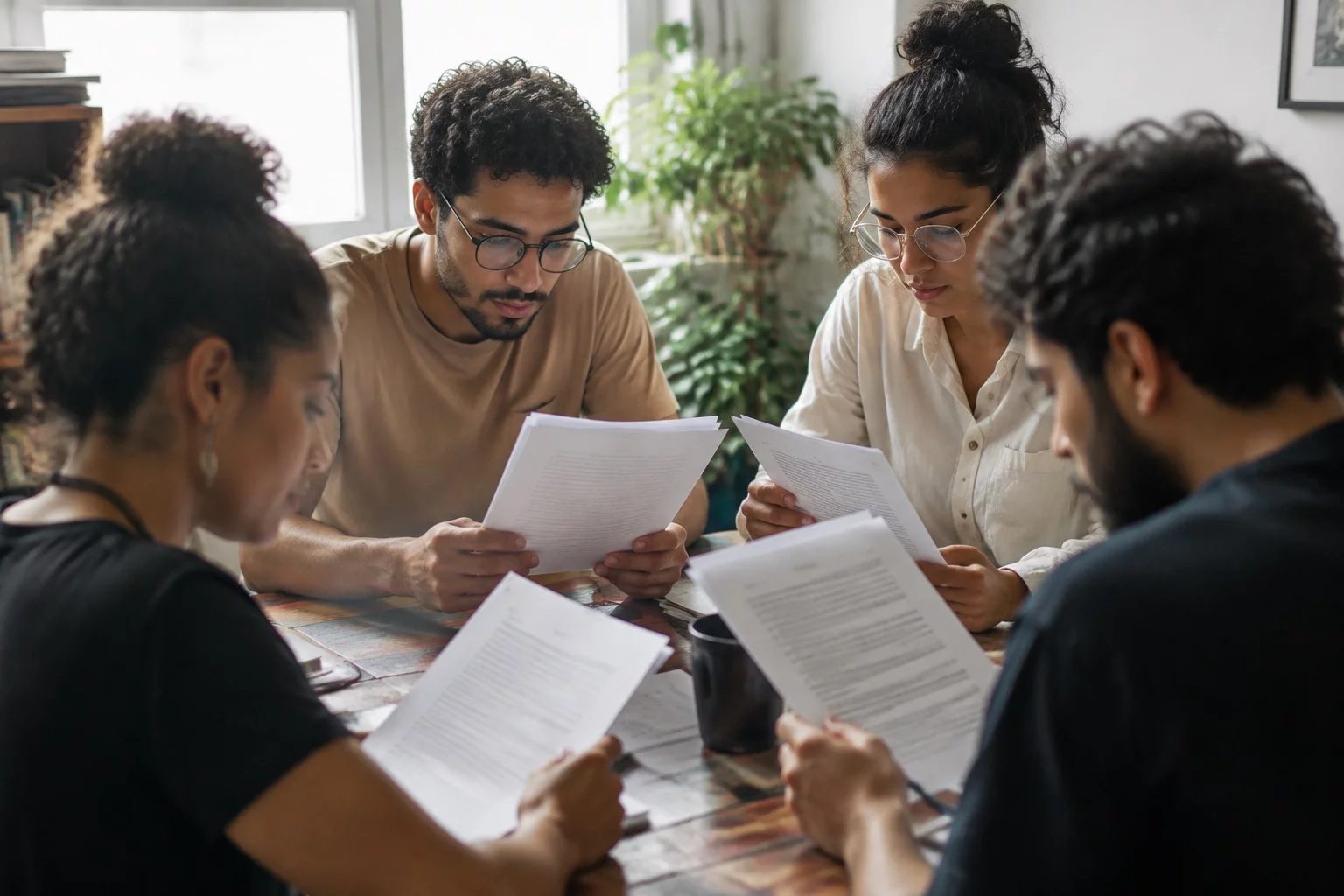 Grupo pequeno lendo páginas impressas de argumentos ao redor de uma mesa
