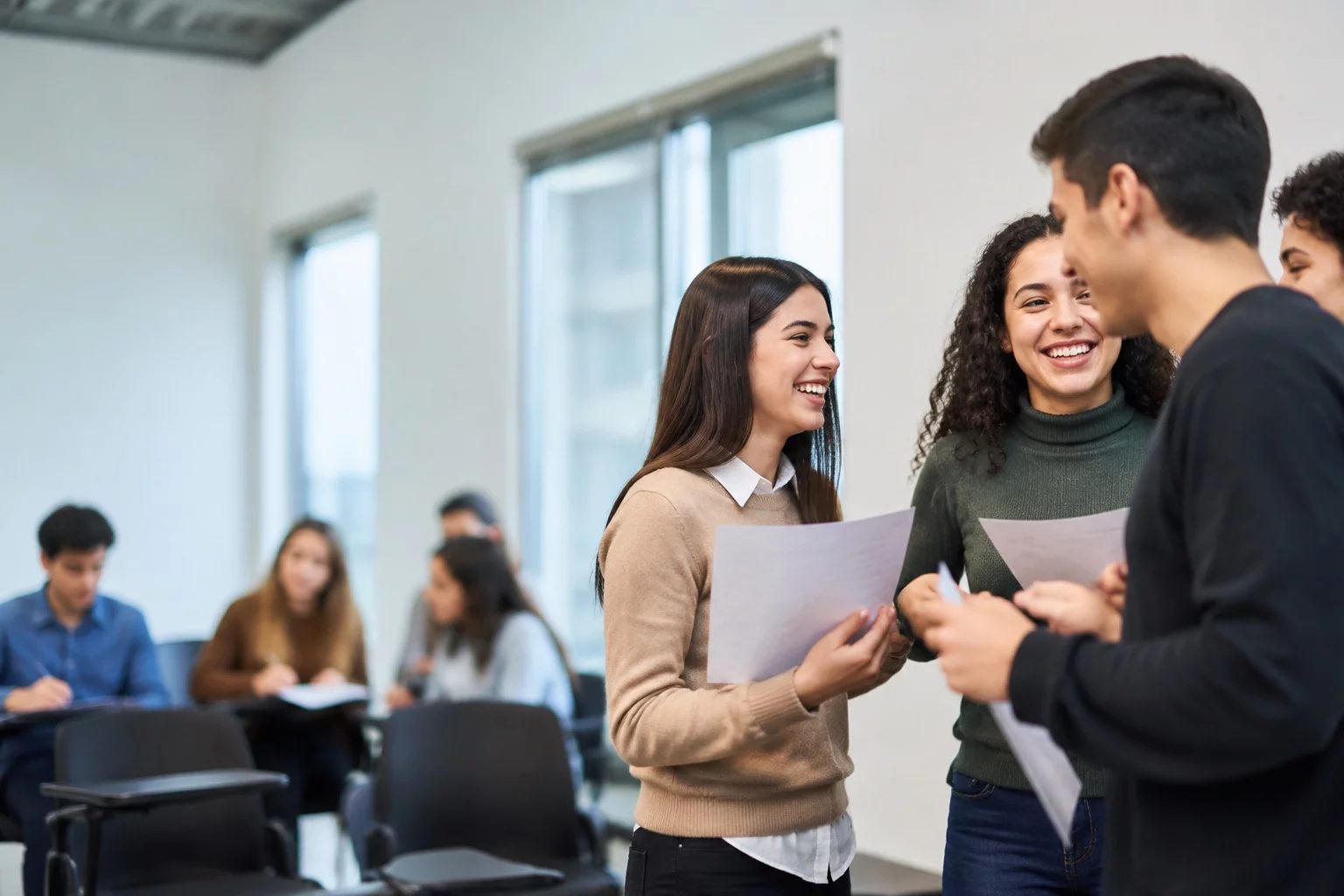 Grupo sorrindo após uma rodada de debate, com papéis nas mãos